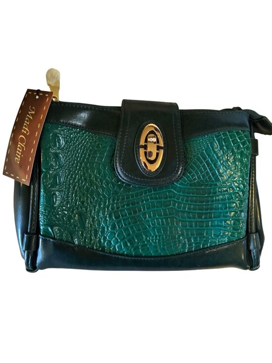 Madi Claire Handbags - Madi Claire Genuine Leather Croc-Embossed Green Handbag With Gold Hardware & Adj